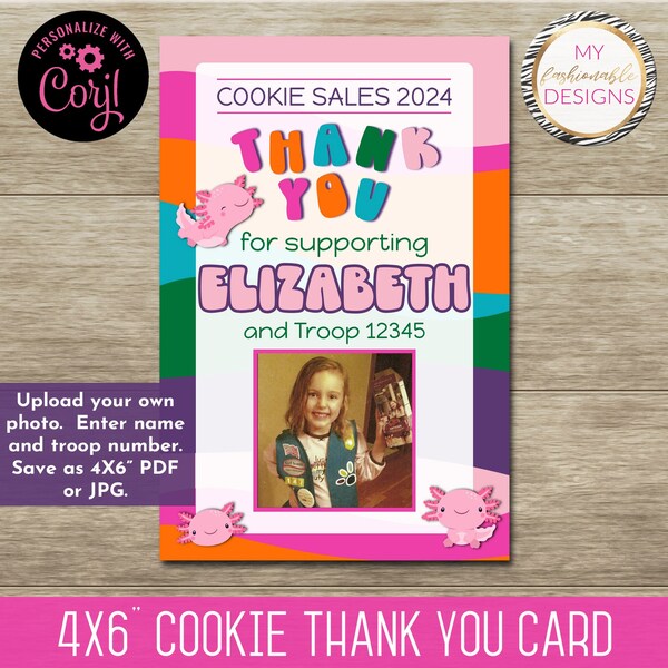 2024 Cookie Sales Thank You Card with Photo - 4x6" - Corjl Self-Edit Template - Save as PDF or JPG