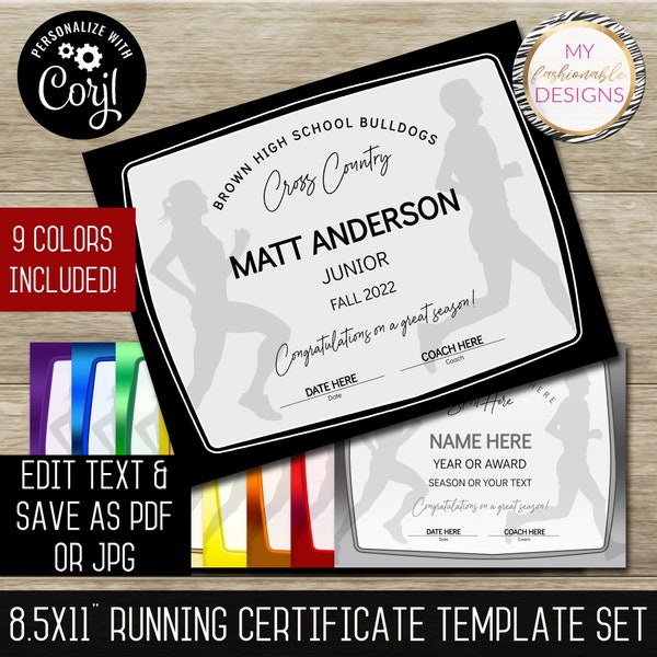 Running Certificate Template Set 8.5X11"  - Track or Cross Country - 9 colors! - Save as JPG or PDF - Corjl Self-Edit Template