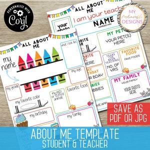 Editable Student & Teacher About Me Template - 8.5x11" - Save as JPG or PDF - Corjl Self-Edit