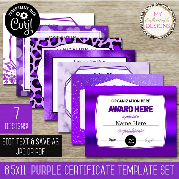 Purple Certificate Template Set - 7 design templates!  8.5x11" - Save as JPG or PDF - Corjl Self-Edit