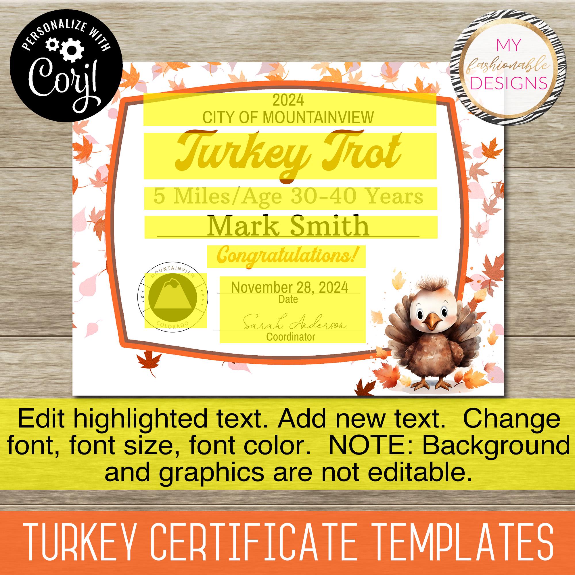 turkey certificate template set - 5 design templates! 8.5x11