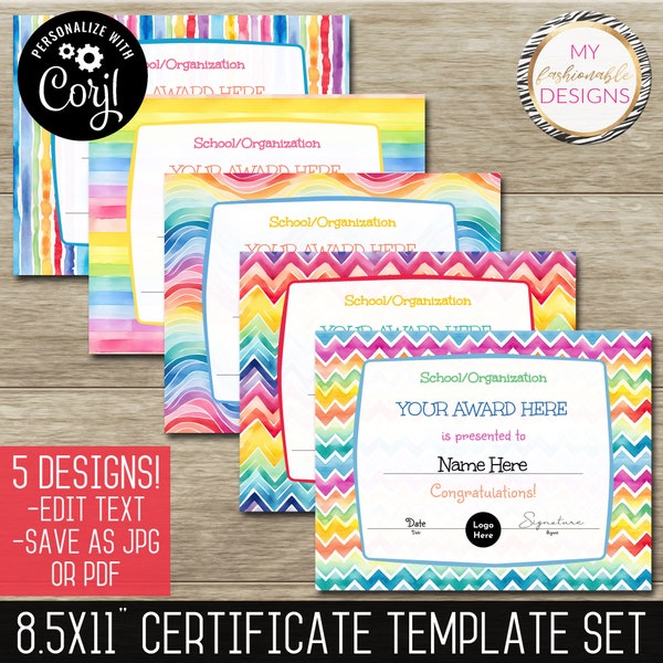 Colorful Certificate Template Set - 5 design templates!  8.5x11" - Save as JPG or PDF - Corjl Self-Edit All Text