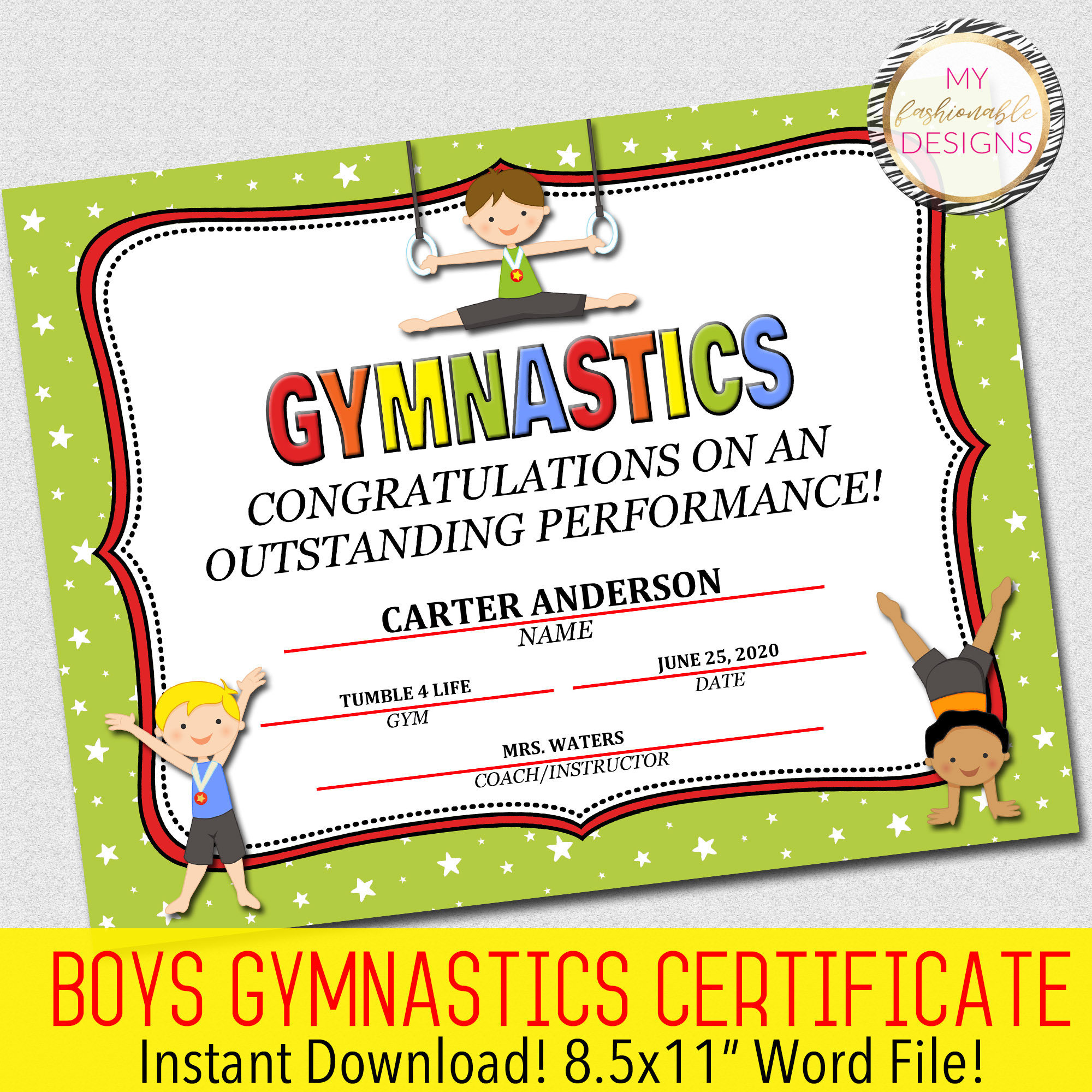 Boys Gymnastics Certificate - Instant Download - Word 22.22x22" Intended For Gymnastics Certificate Template