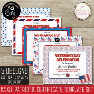 Patriotic Certificate Template Set 8.5X11&quot;  - 5 Designs! - Save as JPG or PDF - Corjl Self-Edit Template