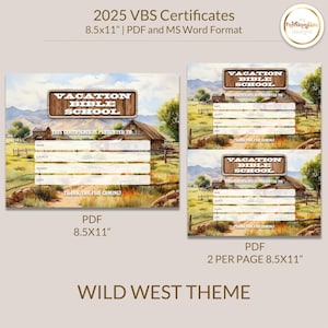 2025 VBS Certificate, Wild West Yee Haw Theme, Vacation Bible School, Instant Download - 8.5x11&quot; and 2 Per Pg - Word and PDF