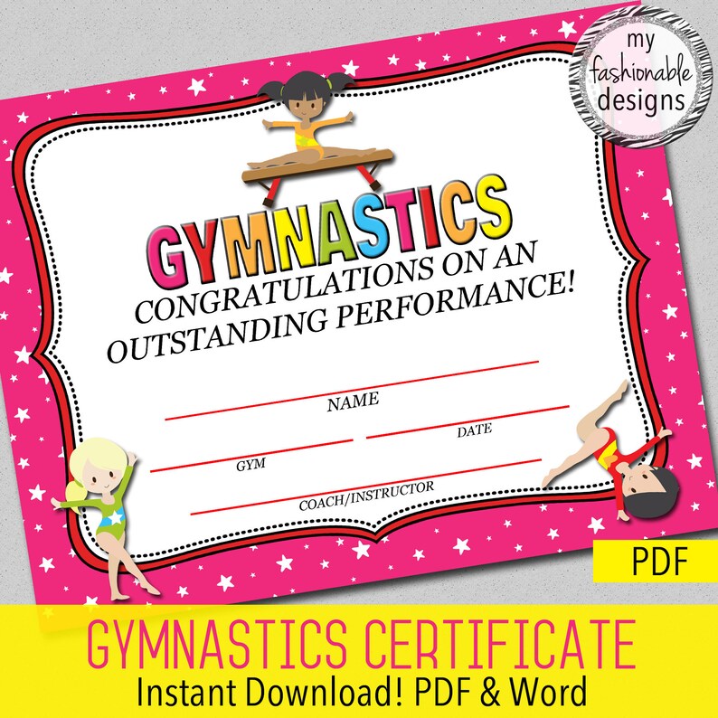 Gymnastics Certificate Instant Download Word & PDF Etsy