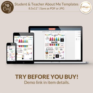 May include: A digital preview of a printable "All About Me" template for students and teachers. The template features a colorful crayon design and includes sections for name, grade, favorite color, birthday, favorite book, and more. The template is available in 8.5x11 inch size and can be saved as a PDF or JPG file.