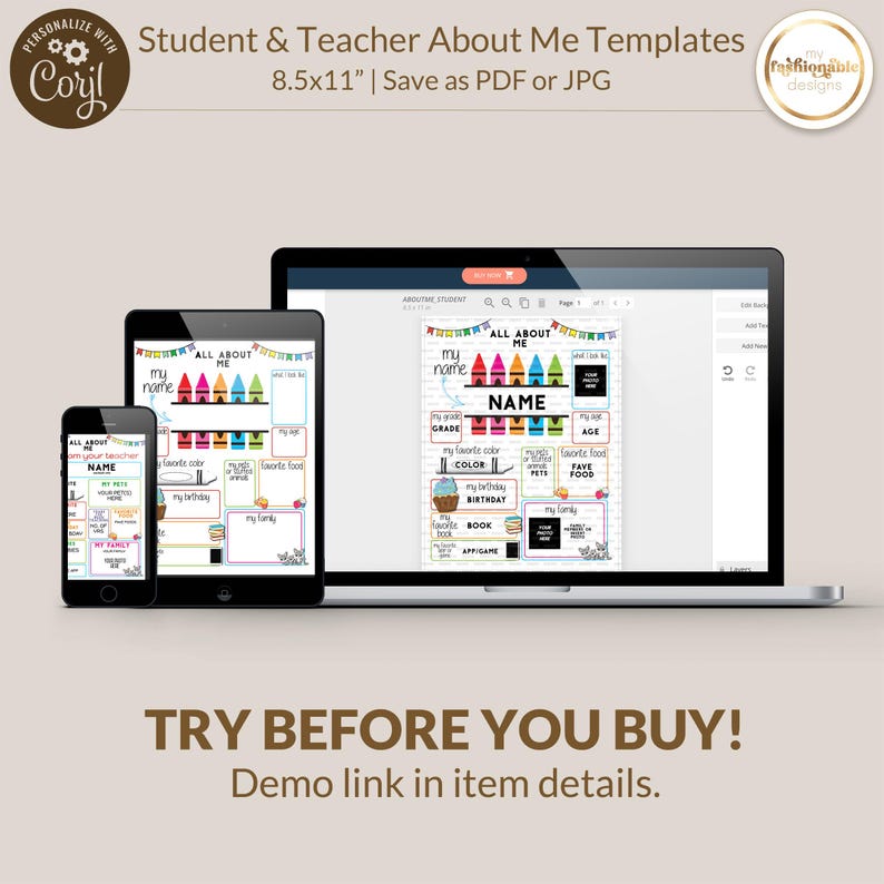 May include: A digital preview of a printable "All About Me" template for students and teachers. The template features a colorful crayon design and includes sections for name, grade, favorite color, birthday, favorite book, and more. The template is available in 8.5x11 inch size and can be saved as a PDF or JPG file.