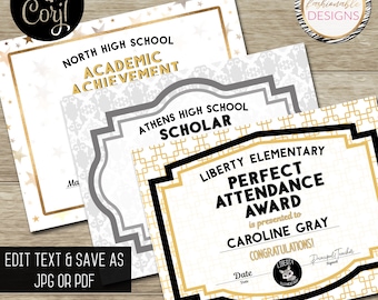 School Certificate Set 8.5X11&quot;  - 3 designs! - Save as JPG or PDF - Corjl Self-Edit Template