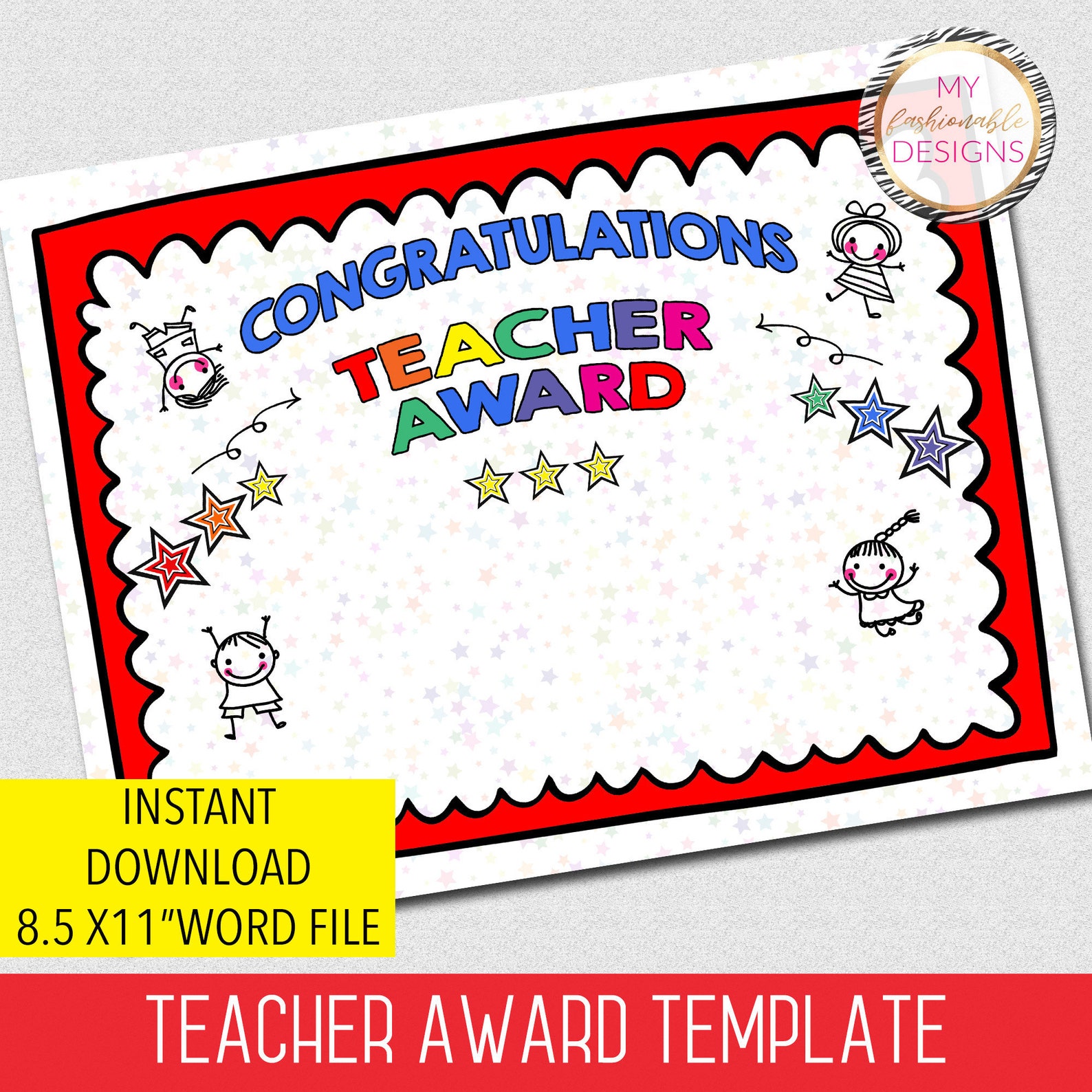 Teacher Award Certificate Template, Teacher Certificate, 8.5x11 Word