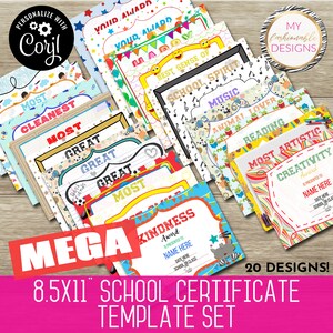 Pode incluir: Um conjunto de 20 modelos de certificados escolares imprimíveis de 8,5 x 11 polegadas. Os certificados apresentam designs coloridos com diversos temas, incluindo música, leitura, gentileza e criatividade. Cada certificado tem espaço para o nome do aluno, a data e a escola ou a turma.