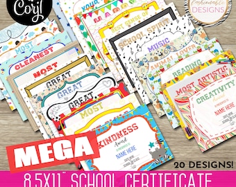 Mega School Certificate Template Set - 20 design templates!  8.5x11&quot; - Save as JPG or PDF - Corjl Self-Edit