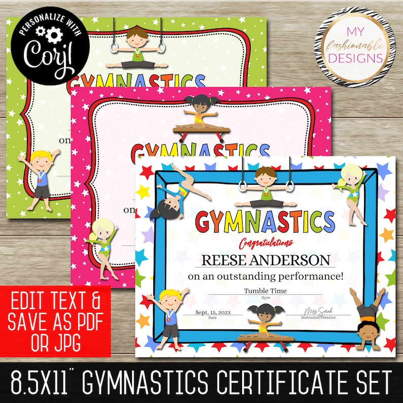 Gymnastics Certificate Template Set 8.5x11 Save as JPG or PDF Corjl