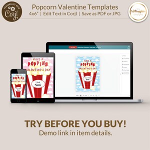 Popcorn Valentine Card Template - 4x6" - 2 Designs - Corjl Self-Edit Template - Save as PDF or JPG image 3