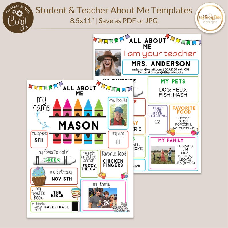 May include: Two printable "All About Me" templates, one for a student and one for a teacher. The student template features a colorful crayon design and the text "MASON" in large letters. The teacher template features a photo of a woman and the text "MRS. ANDERSON".