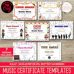 Music Certificate Template Set - Choir Award, Band Award - 7 designs!!!  8.5x11&quot; - Save as JPG & PDF  - Corjl Self-Edit Templates