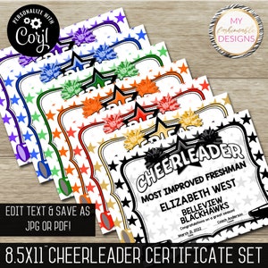 Cheerleader-certificaatsjabloonset: 8,5 x 11 inch: 7 kleuren! - Opslaan als JPG of pdf - Corjl Self-Edit-sjabloon