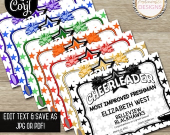 Cheerleader Certificate Template Set 8.5X11&quot;  - 7 colors! - Save as JPG or PDF - Corjl Self-Edit Template