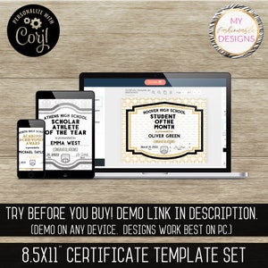 School Certificate Set 8.5X11 3 designs Save as JPG or PDF Corjl Self-Edit Template image 4