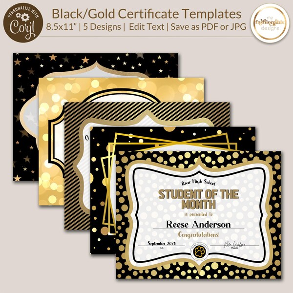 Zestaw szablonów certyfikatów – czarno-złoty – 5 szablonów! 8,5 x 11 cali – Zapisz jako JPG lub PDF – Corjl Self-Edit