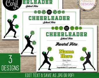 Green Cheerleader Certificate Template Set 8.5X11"  - 3 Color Combos - Save as JPG or PDF - Corjl Self-Edit Template