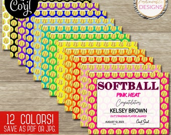 Softball Certificate Template Set - 8.5x11" - 12 Colors - Save as JPG or PDF - Corjl Self-Edit