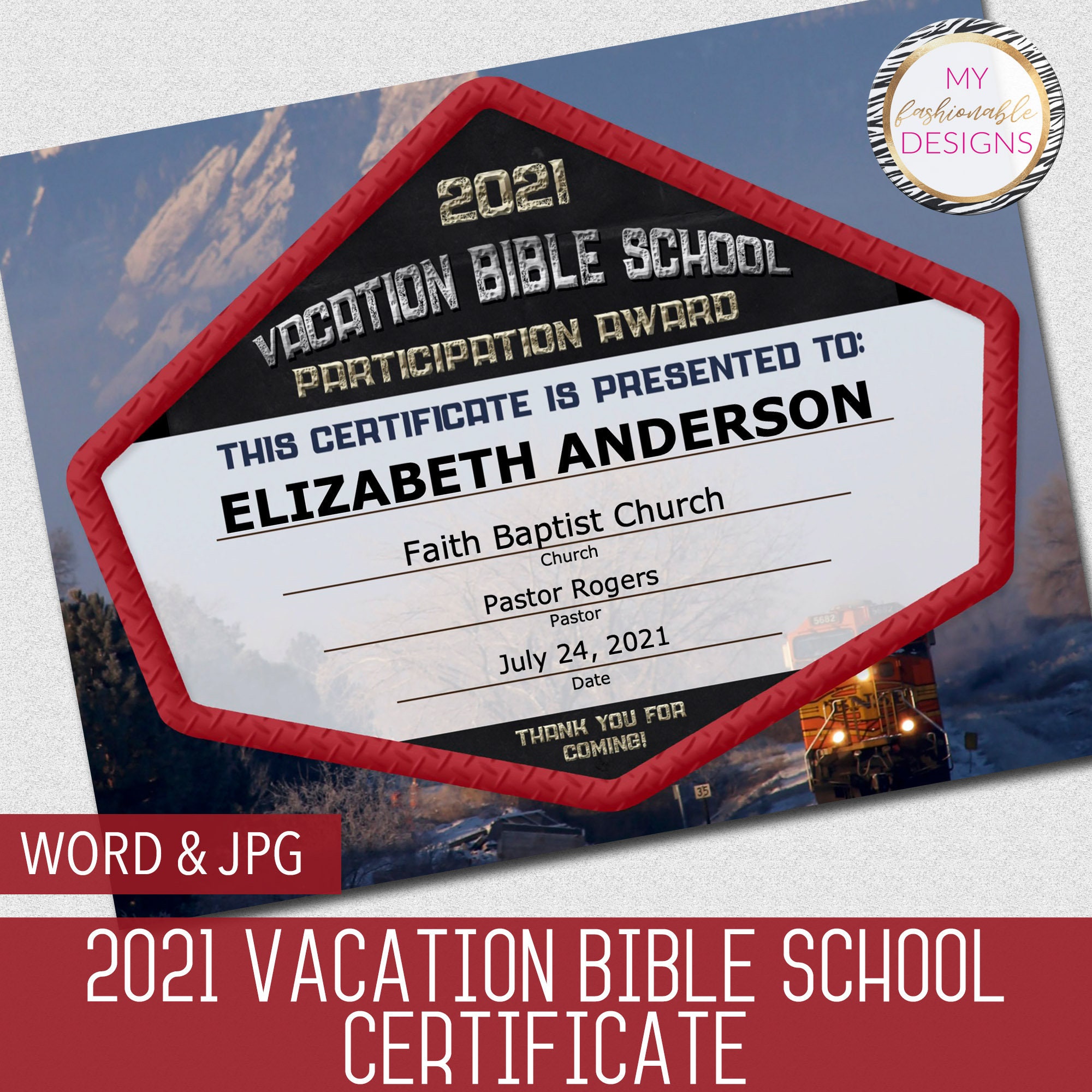 20 VBS Certificate Railway Vacation Bible School Instant  Etsy Throughout Vbs Certificate Template