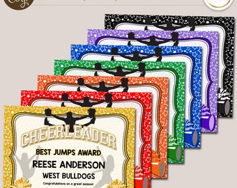 Cheerleader Certificate Set 8.5X11&quot;  - 7 colors! - Save as JPG or PDF - Corjl Self-Edit