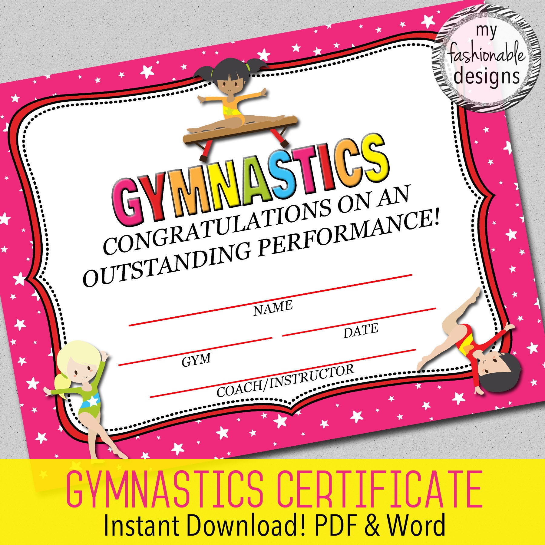 Gymnastics Certificate - Instant Download - Word & PDF - 23.23x23" For Gymnastics Certificate Template