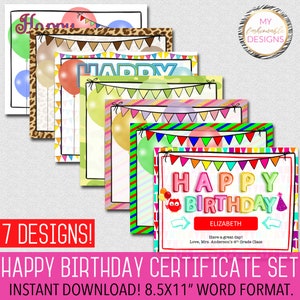 Ensemble de certificats de joyeux anniversaire, format Word 8,5 x 11 pouces, téléchargement immédiat, imprimez vous-même, entrez le nom dans la zone de texte