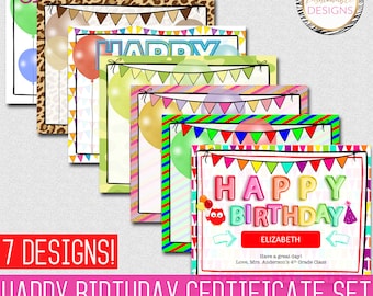 Happy Birthday Certificate Set, 8.5x11&quot; Word Format, Instant Download, Print Yourself, Enter Name into Text Box