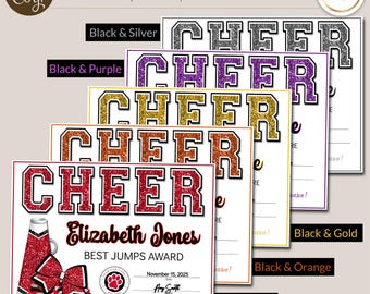 May include: A set of cheerleading certificates in five colors, each with the word "CHEER" in glittery letters. The certificates are 8.5x11 inches and can be saved as PDF or JPG. One certificate reads "BEST JUMPS AWARD" and includes a cheerleader graphic.