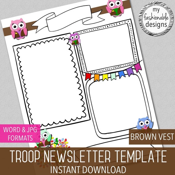 troop newsletter template brown vest owl word and jpg etsy