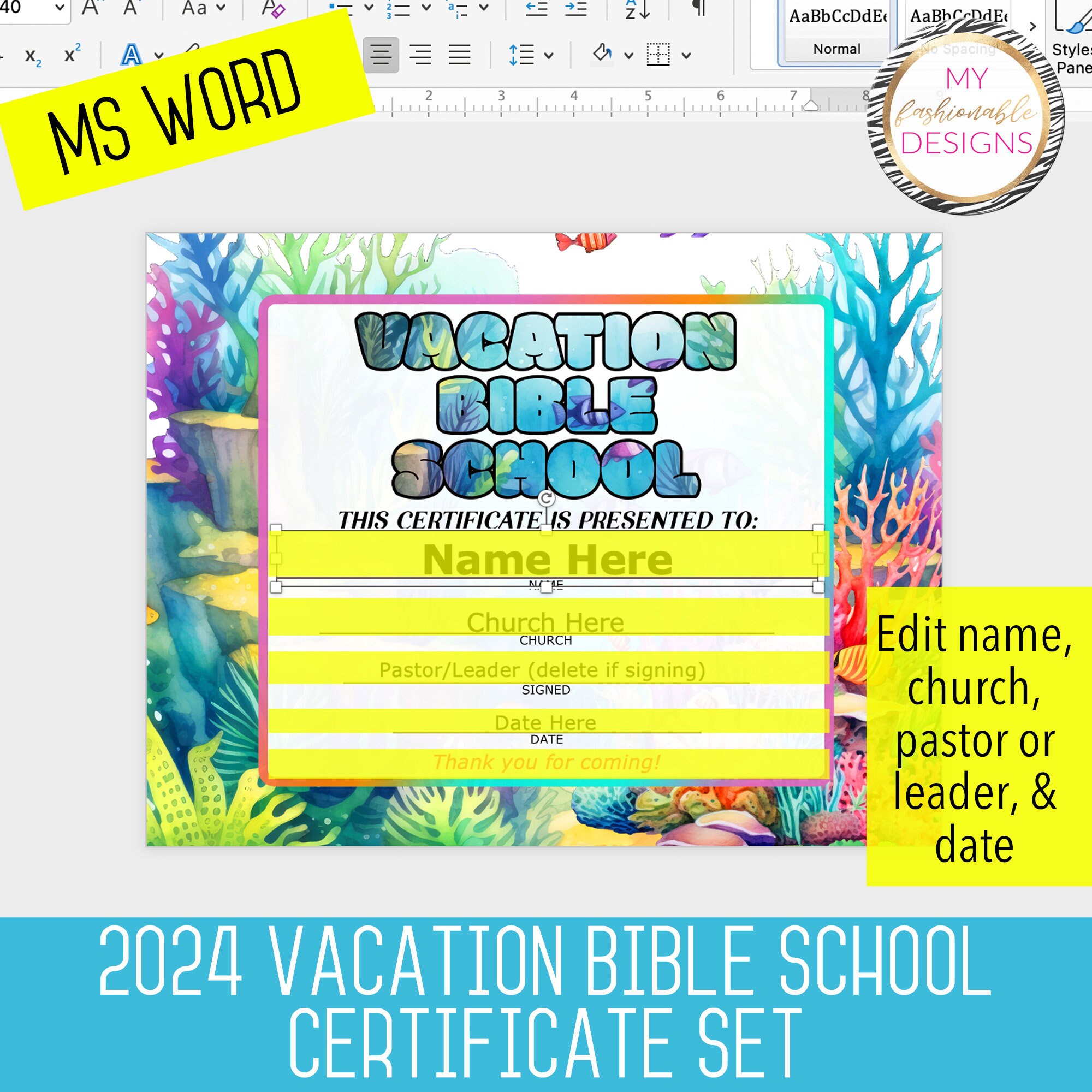 2024 VBS Certificate, Scuba Theme, Vacation Bible School, Instant