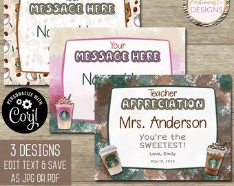 Coffee Certificate Template Set - 3 design templates!  8.5x11" - Teacher Appreciation - Save as JPG or PDF - Corjl Self-Edit All Text