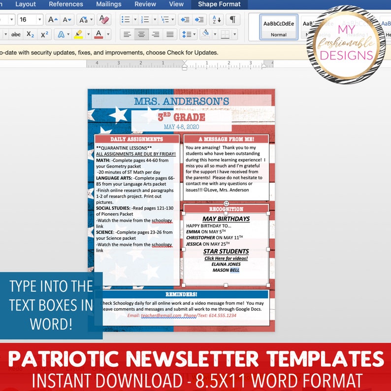 Word Format Patriotic Classroom Newsletter Templates, 5 Designs