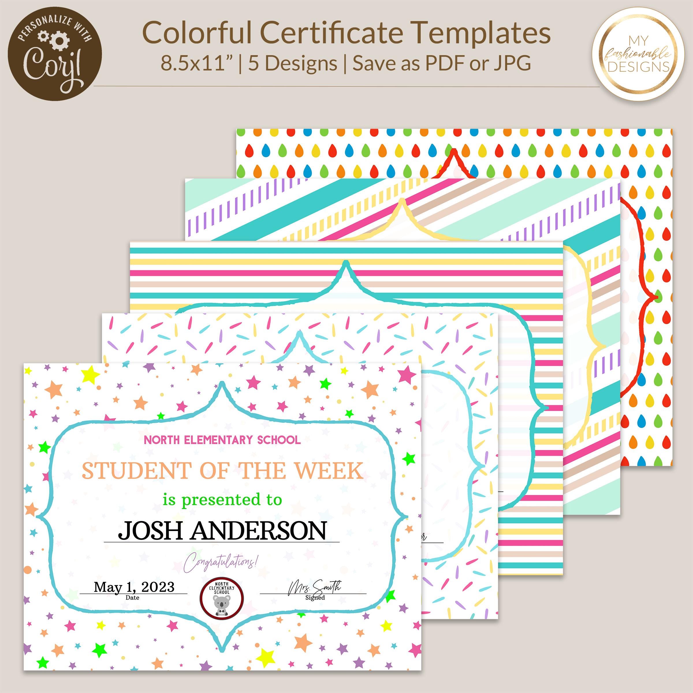 Colorful Certificate Template Set - 5 design templates!  8.5x11" - Save as JPG or PDF - Corjl Self-Edit All Text