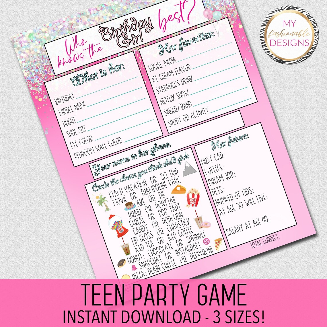 Teen Birthday Party Game Tween Party Game Who Knows Her Best | Etsy