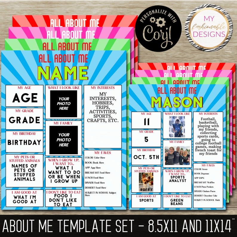 About Me Templates - 4 Colors and 2 Sizes: 8.5x11" & 11x14"- Save as ...