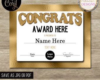 Congrats Certificate Template - Gold - 8.5x11" - Save as JPG or PDF - Corjl Self-Edit