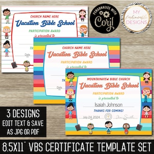 VBS Certificate Template Set - 3 designs!!!  8.5x11&quot; - Edit Text - Save as JPG & PDF - Corjl Self-Edit Template