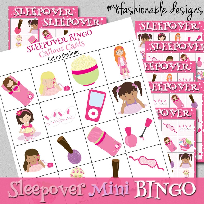 sleepover mini bingo game print your own instant download etsy
