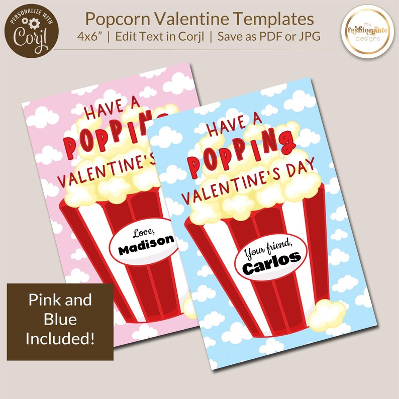 Popcorn Valentine Card Template - 4x6" - 2 Designs - Corjl Self-Edit Template - Save as PDF or JPG image 1