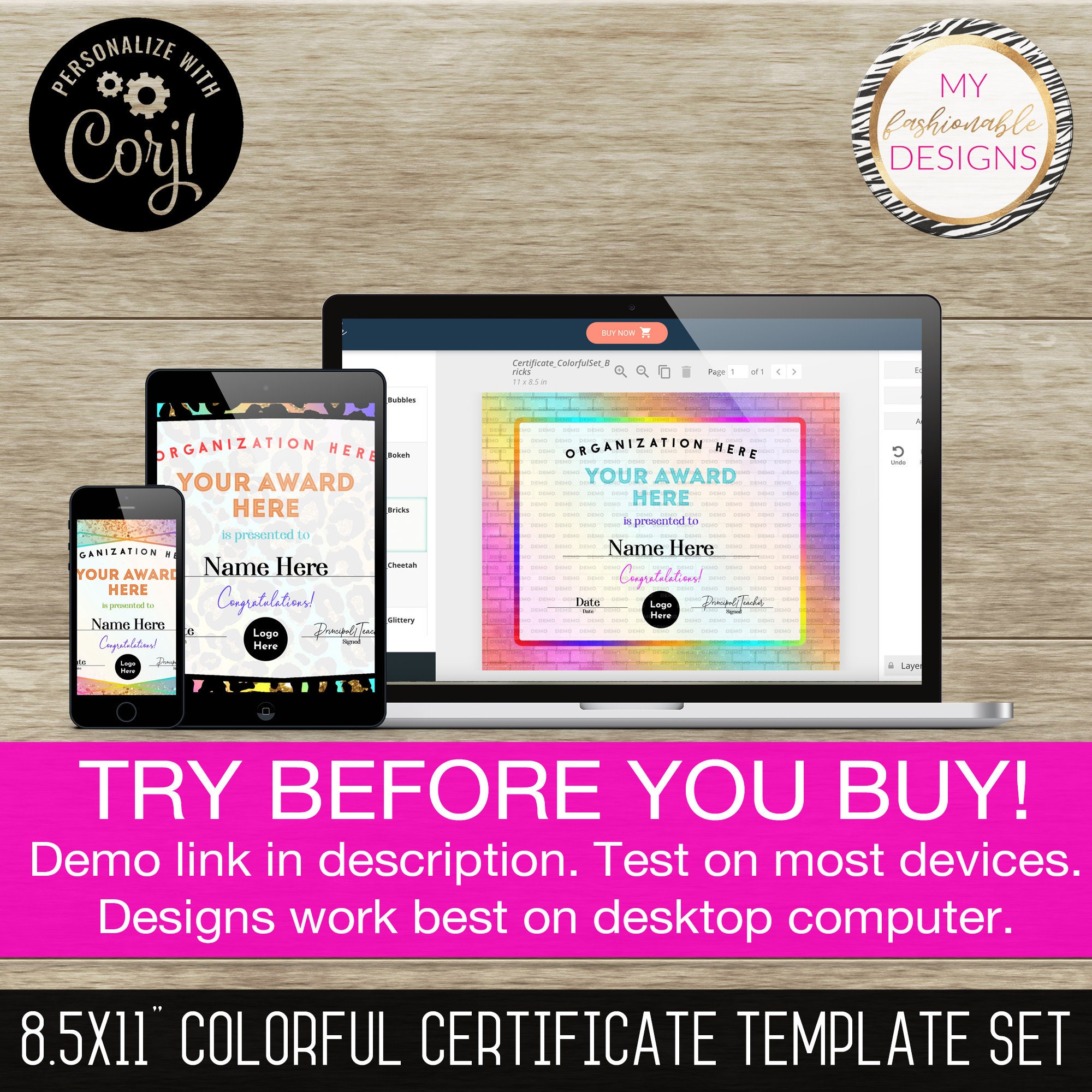 Colorful Text Certifications Colorful Certificate Template Set -7 Design Templates! 8.5x11