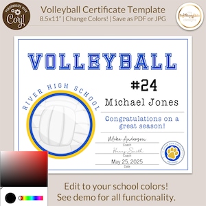 Beachvolleyball Zertifikat Vorlage 8.5X11 &quot;- Farben ändern! - Speichern als JPG oder PDF - Corjl Selbstbearbeitungsvorlage