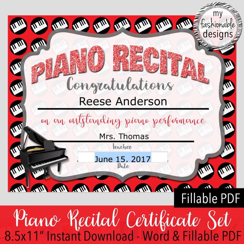 Piano Recital Certificate Instant Download 8 5x11 Etsy