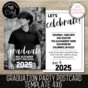 Postal de invitación a fiesta de graduación - 4 x 6" - Guardar como JPG o PDF - Plantilla de autoedición de Corjl