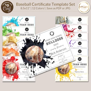 May include: Baseball certificate template set with 12 colour options. The design features a baseball with watercolour paint splatters. The certificate includes space for team name, logo, and player information. The size is 21.59 x 27.94 cm.