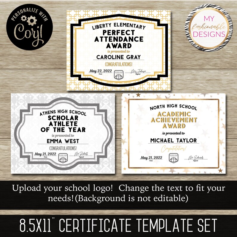 School Certificate Set 8.5X11 3 designs Save as JPG or PDF Corjl Self-Edit Template image 2