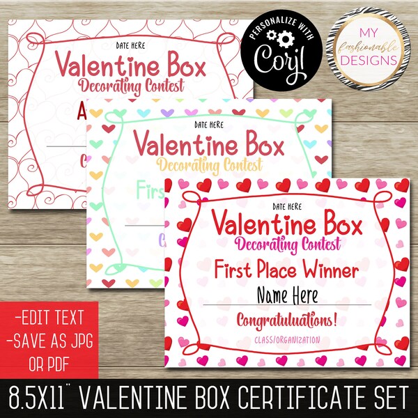 Valentine Box Certificate Set 8.5x11" - 3 Designs - Corjl Self-Edit Template - Save as PDF or JPG